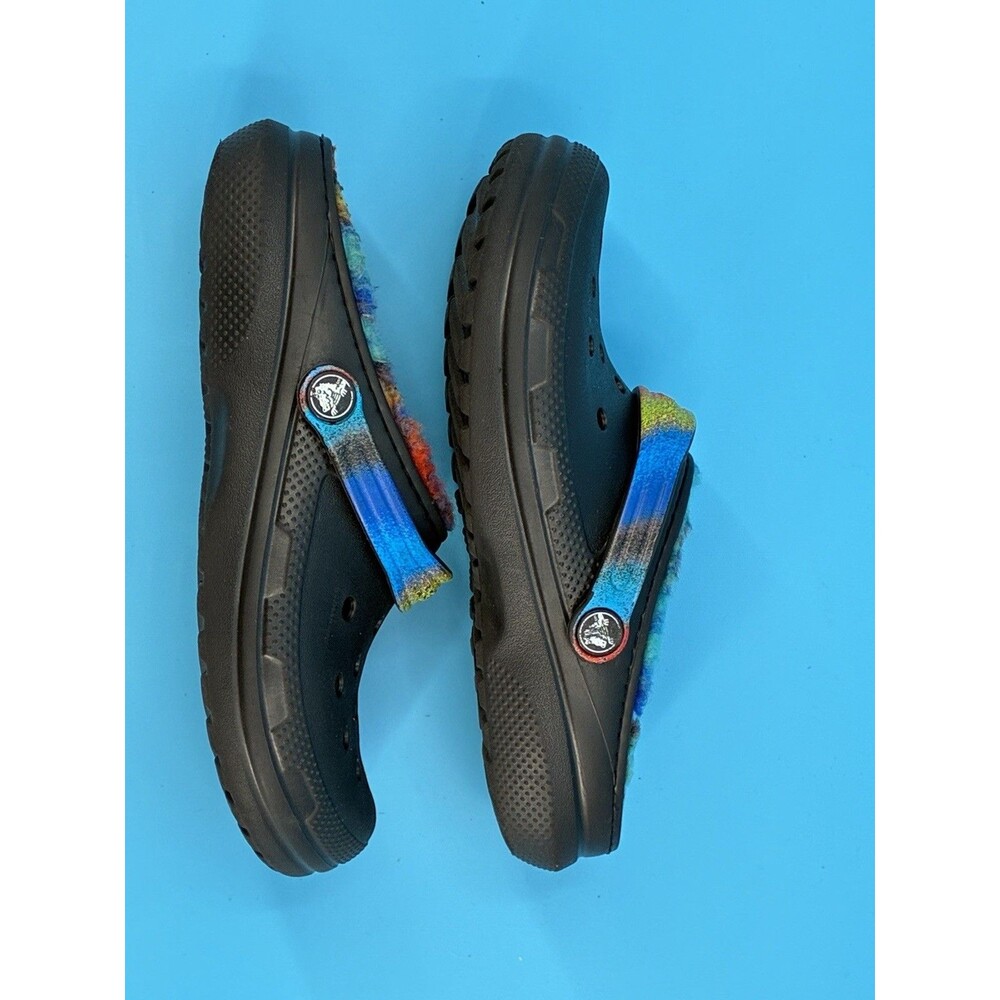 Crocs Classic Lined Spray Dye Clog Kids J4 Black Rainbow Fuzzy Slip On